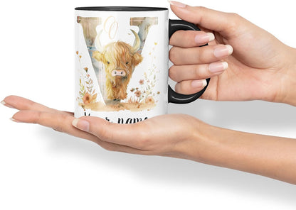 Vixar Personalised Highland Cow Initial Letter V Custom Name Mug – Coloured Ceramic Mug Cup Gift, 11oz (Black)