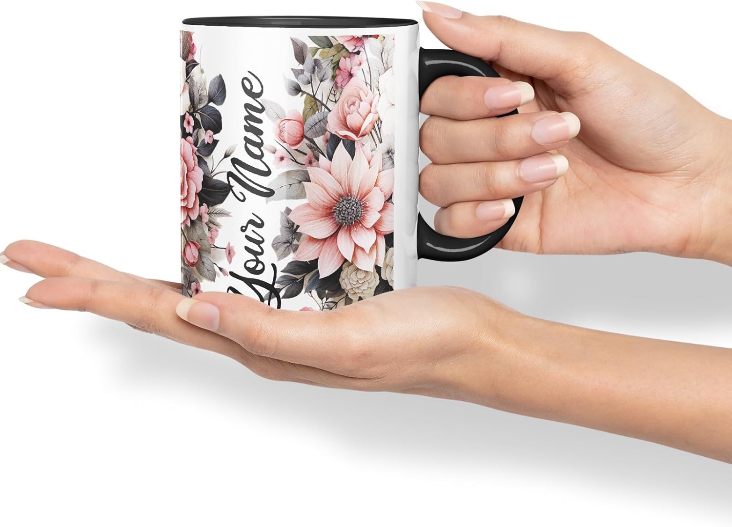 Vixar Personalised Rose Mug – Custom Your Name Coloured Ceramic Mug Cup Gift, 11oz (Black)