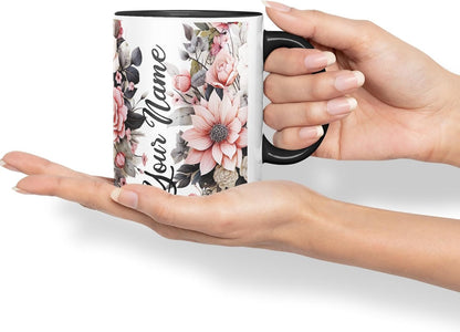 Vixar Personalised Rose Mug – Custom Your Name Coloured Ceramic Mug Cup Gift, 11oz (Black)