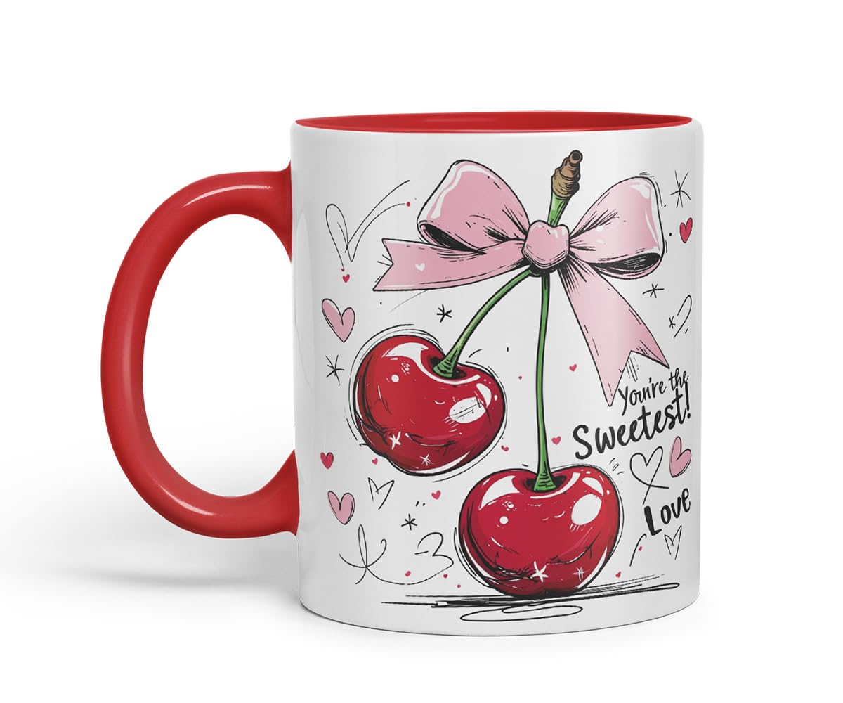 Sweetest Cherry Love Mug – Coloured Ceramic Mug Cup Gift, 11oz (Black)