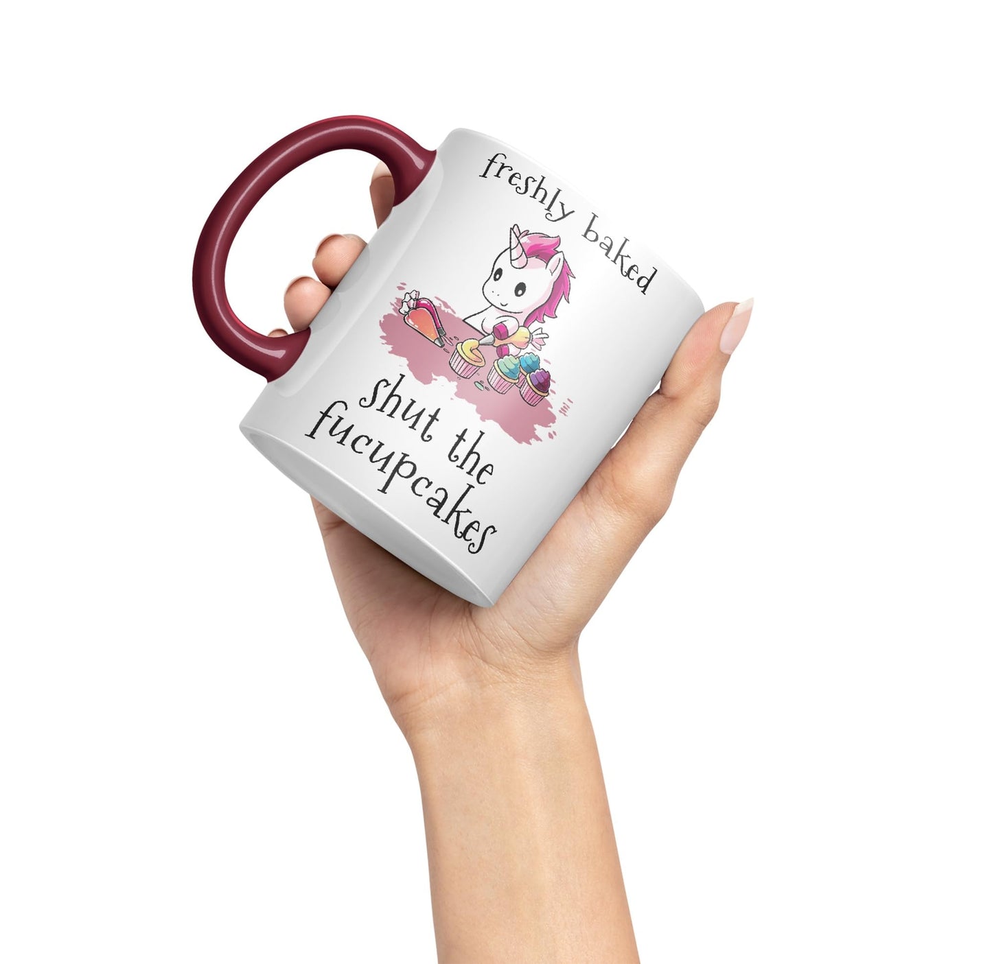 Freshly Baked, Shut The fucupcakes, Unicorn Sarcastic Joke Ceramic Coloured Mug Cup for Tea Coffee Hot Brew 330ml 11Oz