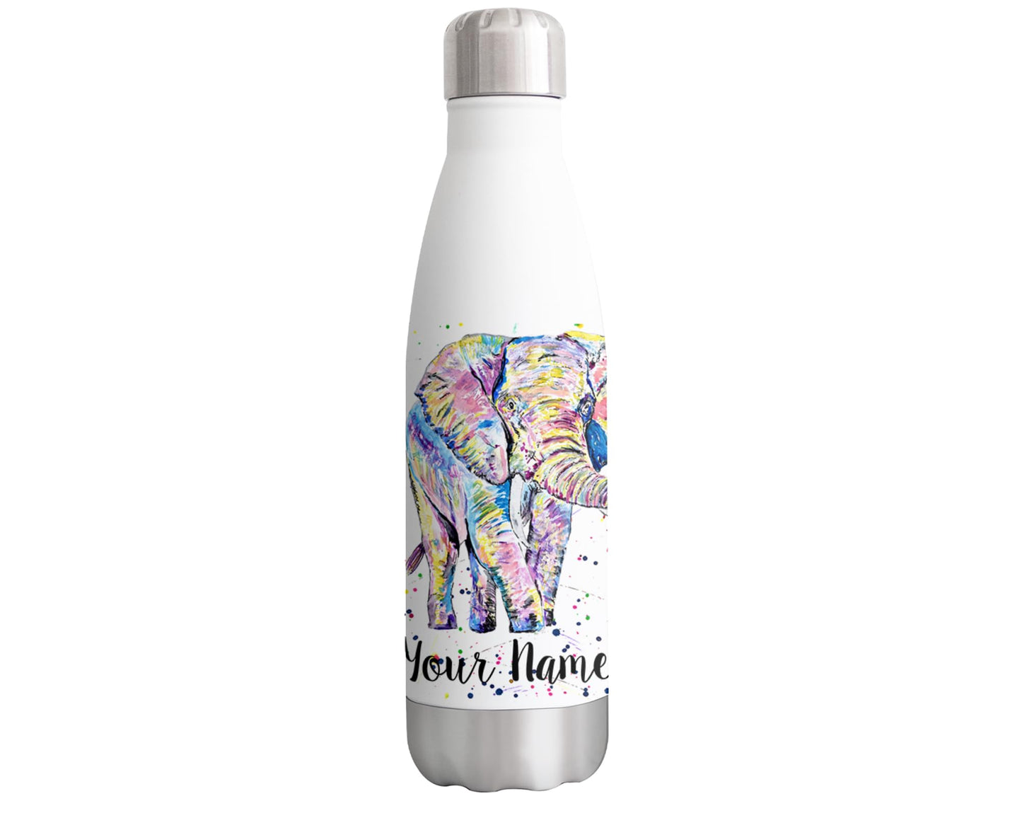 Vixar Elephant Personalised Custom Bottle with your Text/name Watercolour Safari Animals Bottle Double Wall Insulated Stainless Steel Sport Drinks 500ml