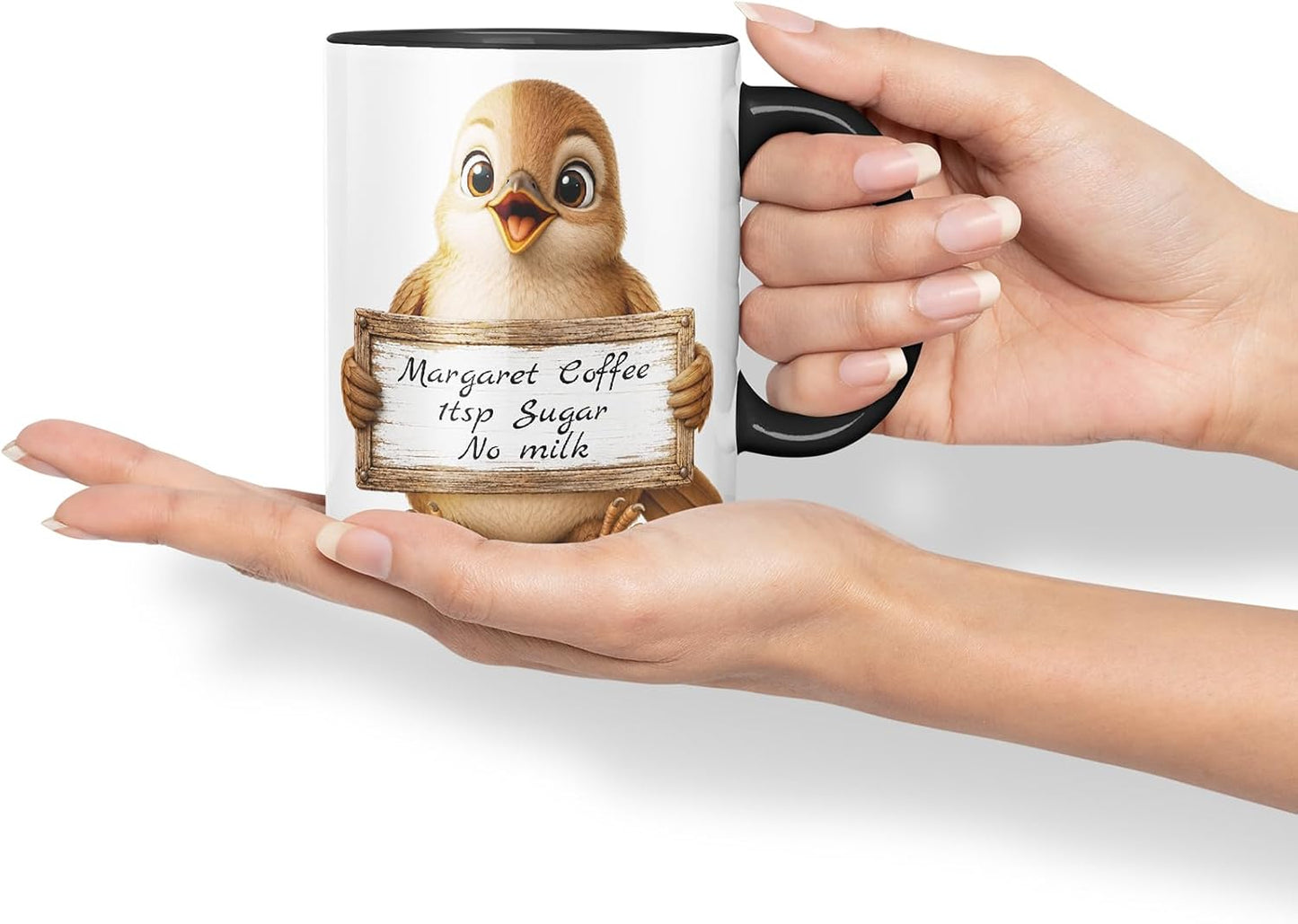 Vixar Personalised Nightingale Mug with Name or Custom Message – Cute Animal Coloured Ceramic Mug Cup Gift, 11oz (Black)