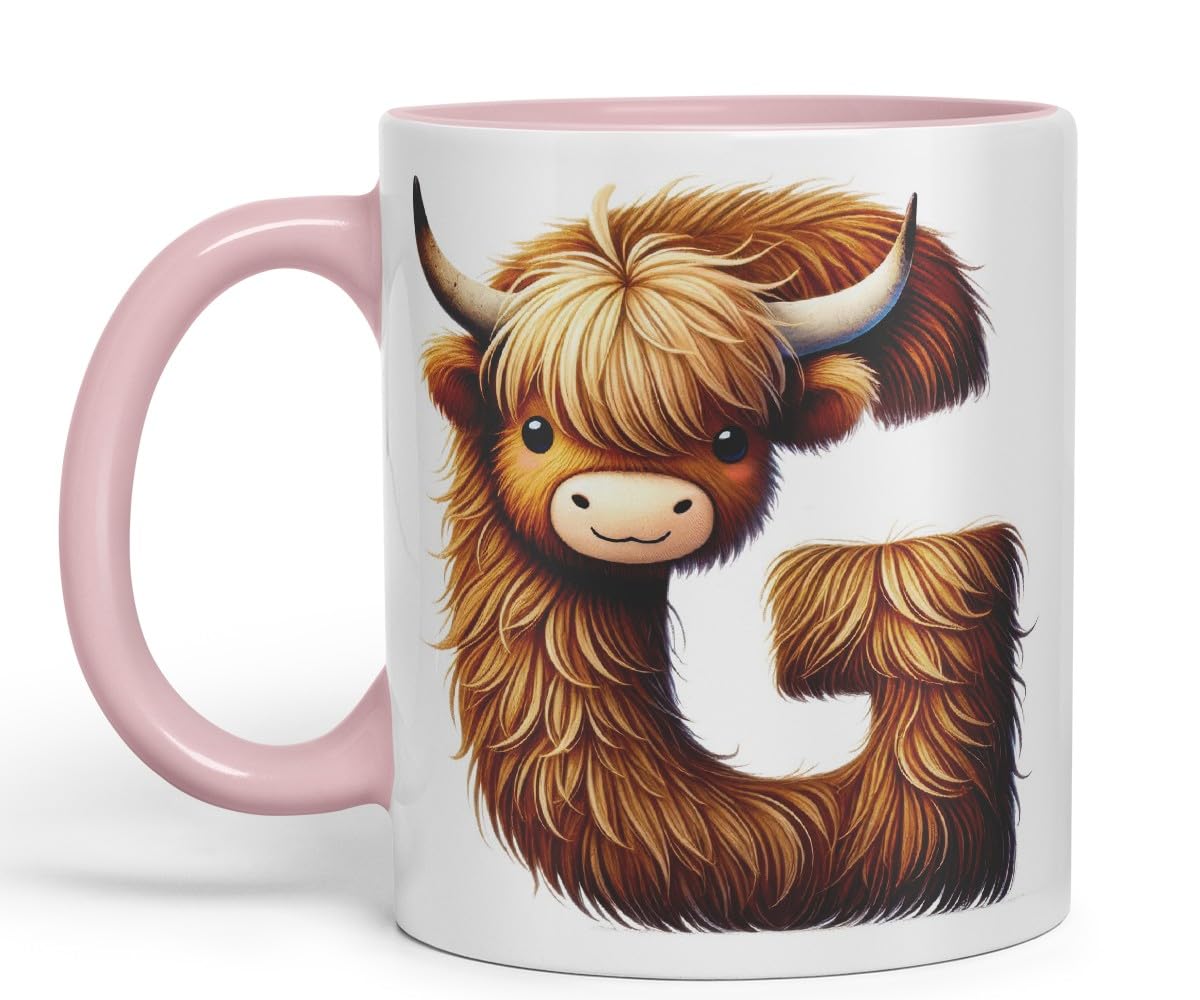 Highland Cow Alphabet Monogram Coloured Ceramic Cup Mug Letter G Rustic Farmhouse Animal Letter Gift V2 11oz (Black)