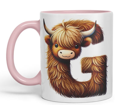 Highland Cow Alphabet Monogram Coloured Ceramic Cup Mug Letter G Rustic Farmhouse Animal Letter Gift V2 11oz (Black)