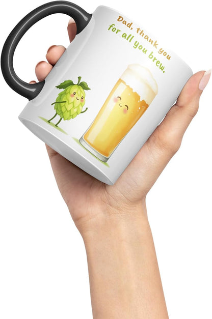 Vixar Dad Thank You for All You Brew Funny Beer Father's Day Mug – Coloured Mug Cup Gift, 11oz (Black)