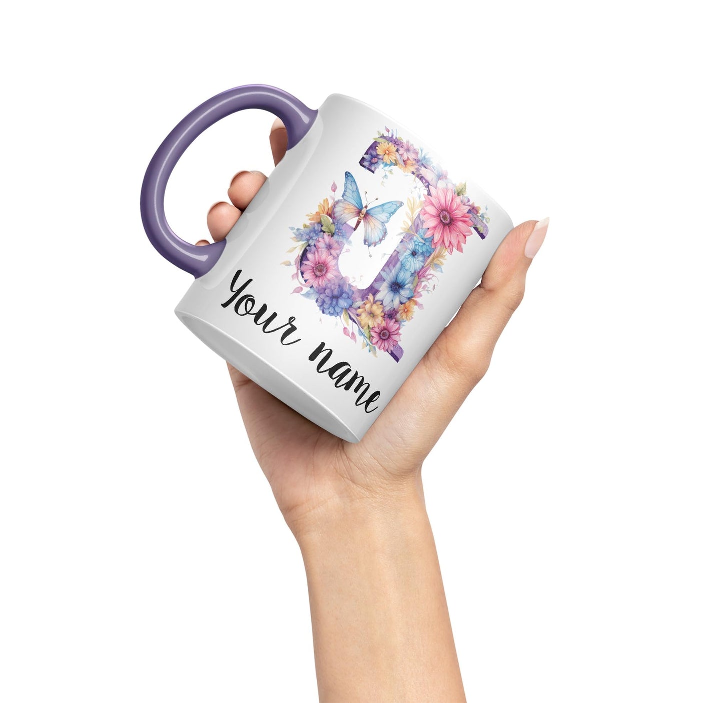 Personalised Letter J mug, Customized Custom Floral flowers butterfly Alphabet Letter J Monogram watercolour Ceramic Coloured Mug Cup for Tea Coffee Hot brew 330ml 11Oz Gift