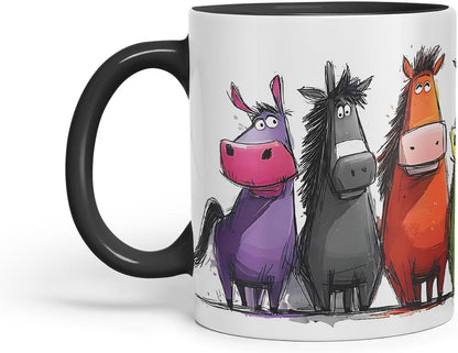 Vixar Funny Colourful Horse Equestrian Friends Design – Cute Animal Character Mug for Farm Animals Lovers & Riders, Coloured Mug Cup Gift, 11oz (Black)