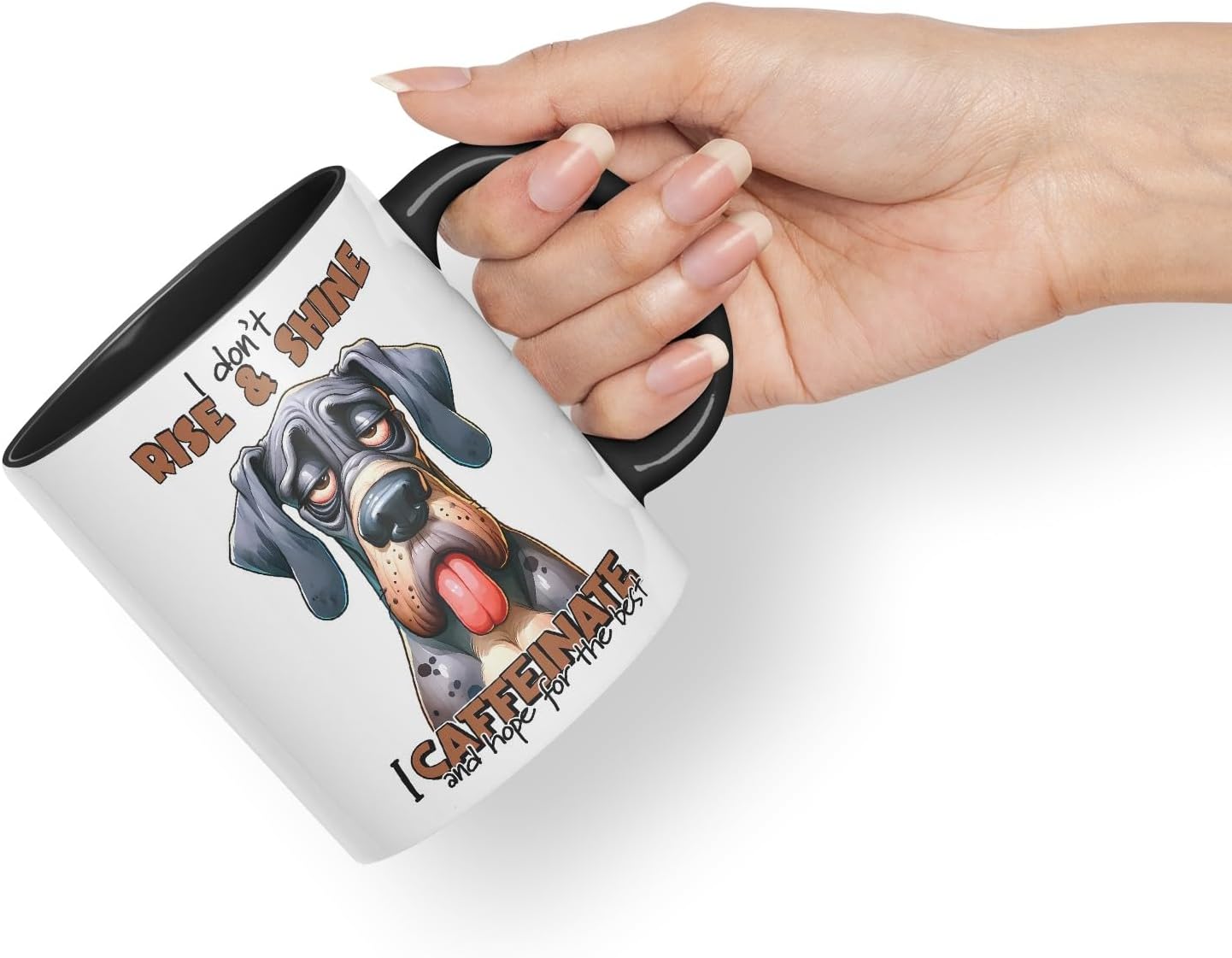 Vixar I Don’t Rise & Shine — I Caffeinate and Hope for The Best Sarcastic Great Dane Dog Mug, Coloured Ceramic Cup 11oz (Black)