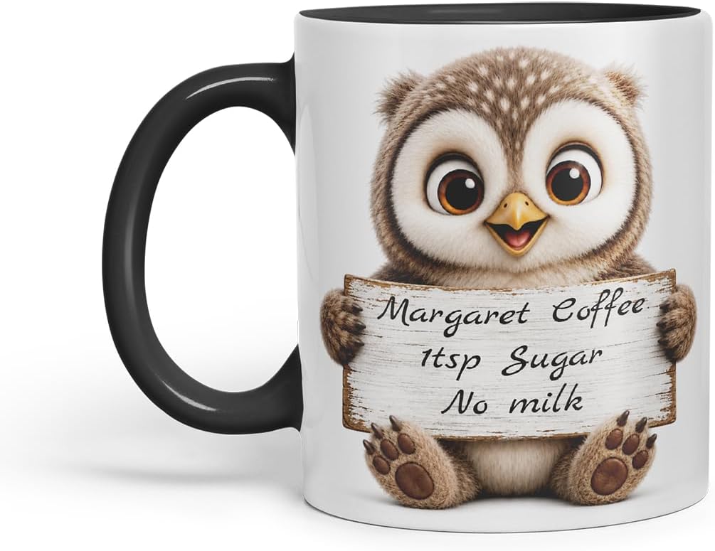 Vixar Personalised Owl Mug with Name or Custom Message – Cute Animal Coloured Ceramic Mug Cup Gift, 11oz (Black)