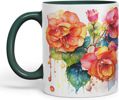 Vixar Begonia Botanical Art Mug Coloured Ceramic Mug Cup Gift, 11oz (Dark Green)