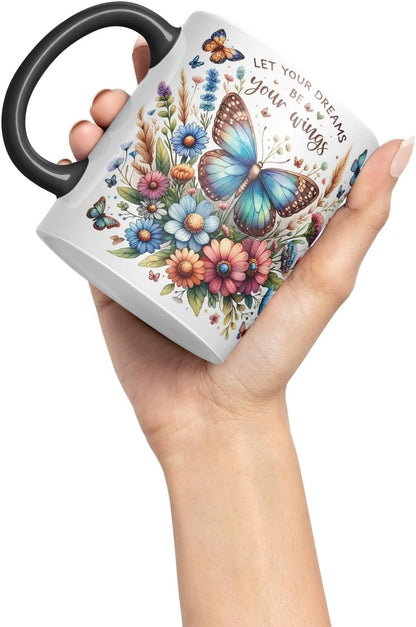 Vixar Let Your Dreams Be Your Wings Butterfly Coloured Mug Cup Floral Inspirational Gift 11oz (Black)