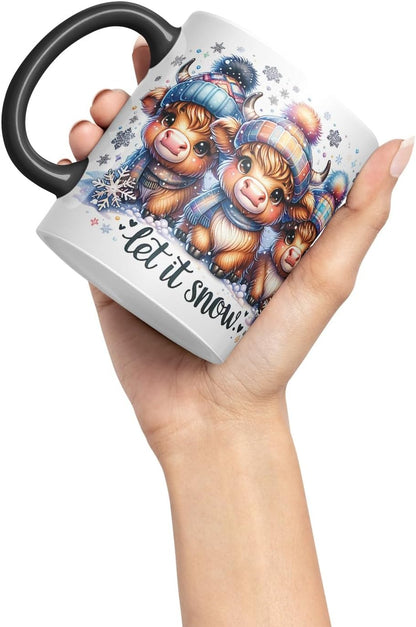 Vixar Let It Snow Cute Highland Cow Coloured Mug Cup Winter Christmas Animal Gift 11oz (Black)