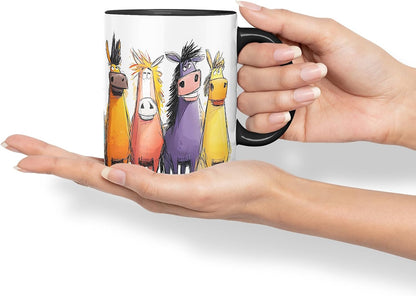 Vixar Funny Colourful Horse Equestrian Friends Design – Cute Animal Character Mug for Farm Animals Lovers & Riders, Coloured Mug Cup Gift, 11oz (Black)