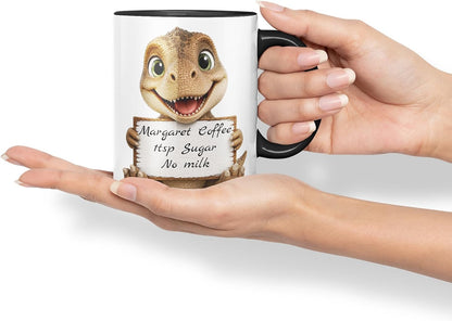 Vixar Personalised T Rex Dinosaur Mug with Name or Custom Message – Cute Animal Coloured Ceramic Mug Cup Gift, 11oz (Black)