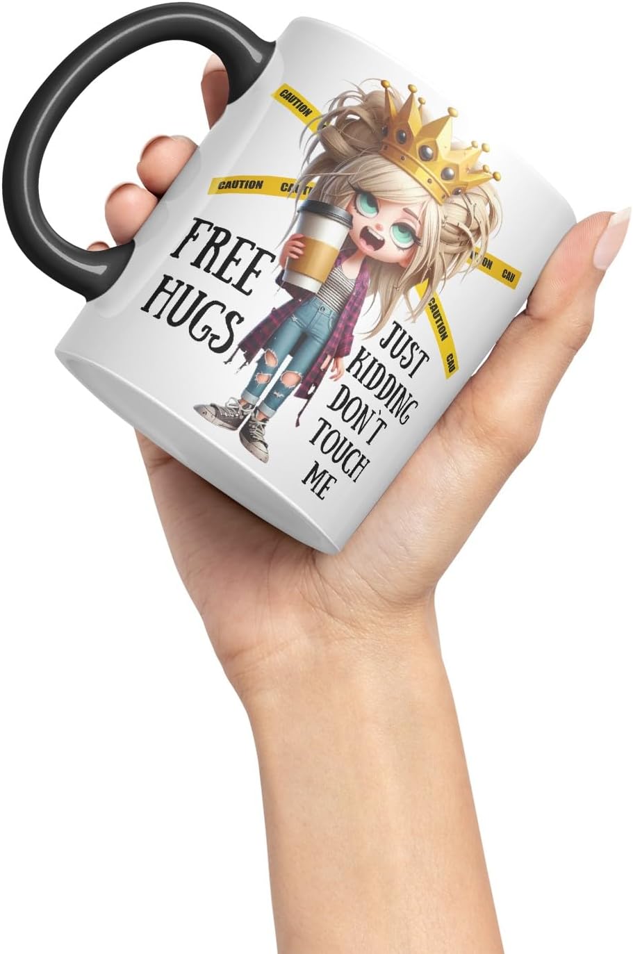 Vixar Free Hugs, Just Kidding Don’t Touch Me Sarcastic Queen Coloured Ceramic Mug Cup Gift 11oz (Black)