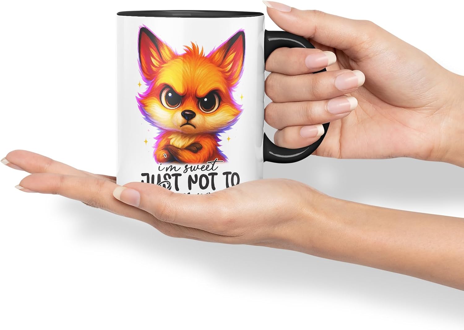 Vixar I'm Sweet Just Not to Everyone Sarcastic Fox – Coloured Ceramic Mug Cup Gift, 11oz (Black)