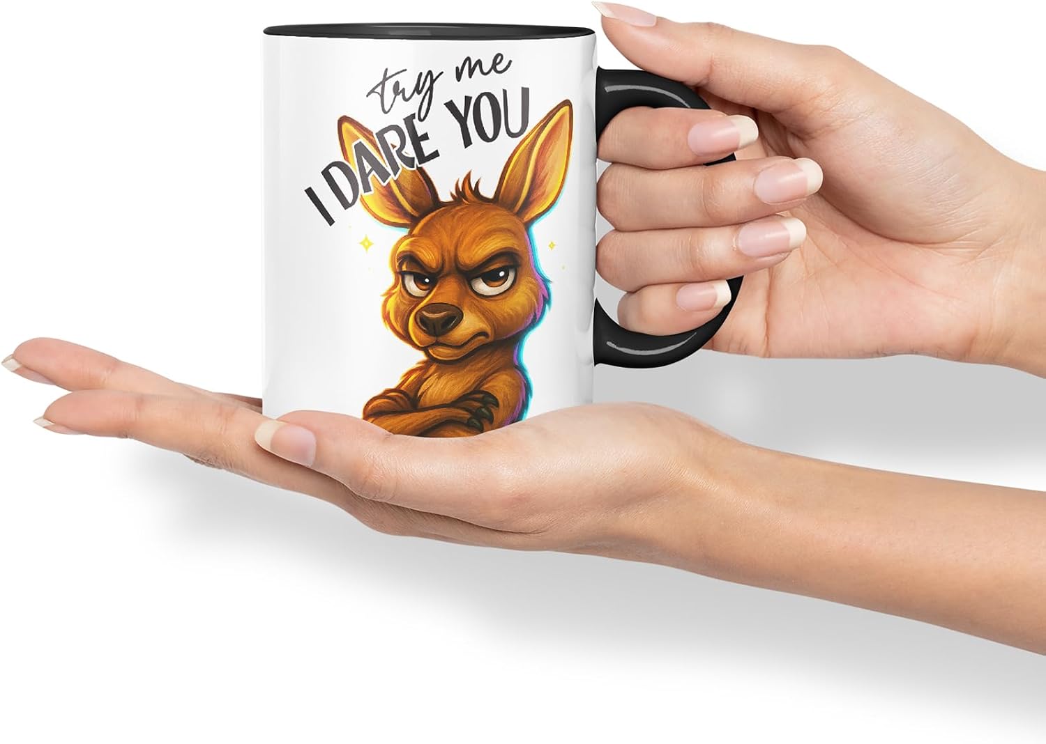 Vixar Try Me I Dare You Sarcastic Kangaroo – Coloured Ceramic Mug Cup Gift, 11oz (Black)