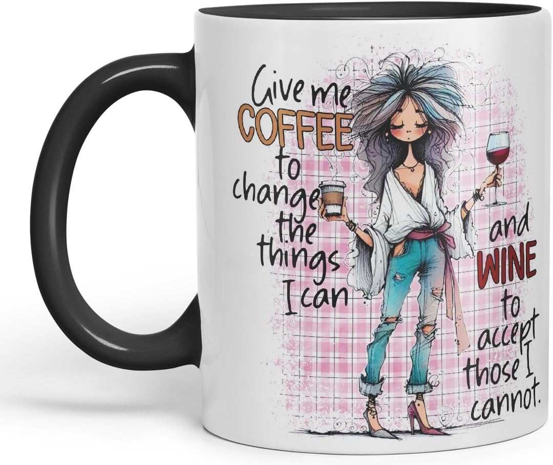 Vixar Give Me Coffee to Change The Things I Can and Wine to Accept Those I Cannot Coloured Mug Cup 11oz (Black)