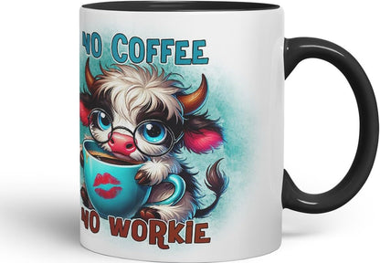 Vixar No Coffee No Workie Highland Cow Coloured Ceramic Mug Cup Gift for Coffee Lovers 11oz (Black)