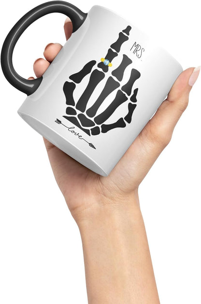 Vixar Mrs Skeleton Hand Wedding Ring Couple Mug – Coloured Ceramic Mug Cup Gift, 11oz (Black)