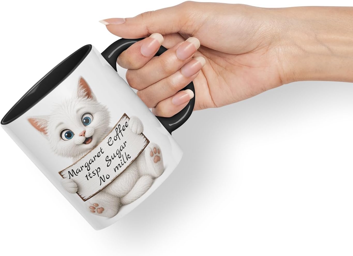 Vixar Personalised White Cat Mug with Name or Custom Message – Cute Animal Coloured Ceramic Mug Cup Gift, 11oz (Black)