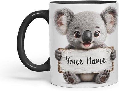 Vixar Personalised Koala Mug with Name or Custom Message – Cute Animal Coloured Ceramic Mug Cup Gift, 11oz (Black)