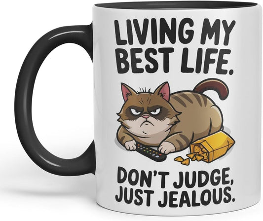 Living My Best Life Don’t Judge Cat Mug – Coloured Ceramic Mug Cup Gift, 11oz (Black)