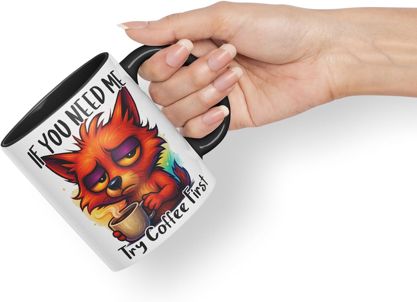 Vixar If You Need Me Try Coffee First Funny Fox Mug – Coloured Ceramic Mug Cup Gift, 11oz (Black)