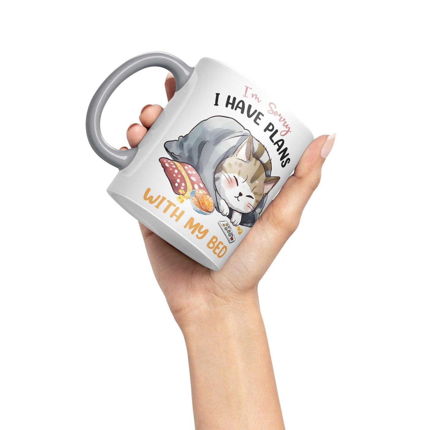 I'm Sorry, I Have Plans with My Bed, cat Sarcastic Joke Ceramic Coloured Mug Cup for Tea Coffee Hot Brew 330ml 11Oz