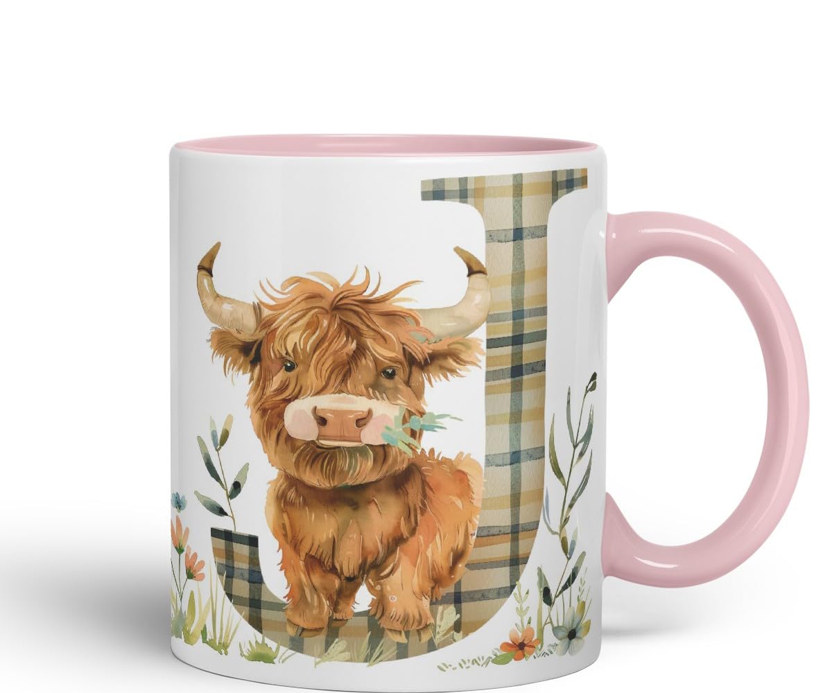 Vixar Highland Cow Alphabet Monogram Coloured Ceramic Cup Mug – Letter J – Rustic Farmhouse Animal Letter Gift – 11oz (Black)