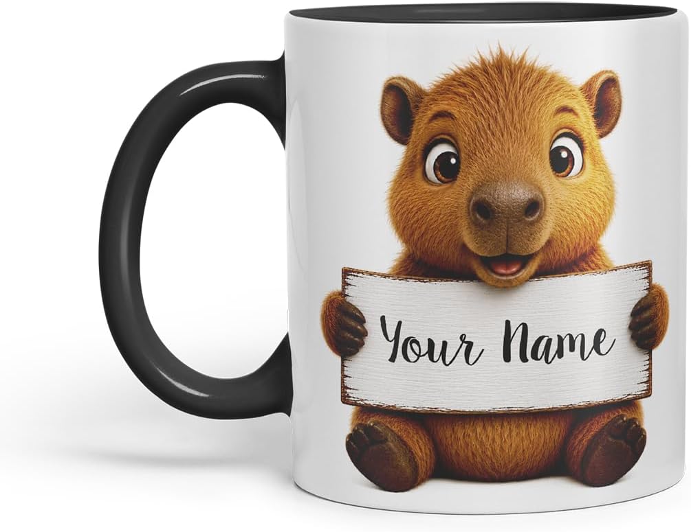 Vixar Personalised Cute Capybara Mug with Name or Custom Message – Cute Animal Coloured Ceramic Mug Cup Gift, 11oz (Black)