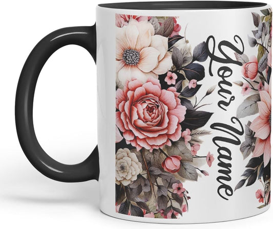 Vixar Personalised Rose Mug – Custom Your Name Coloured Ceramic Mug Cup Gift, 11oz (Black)