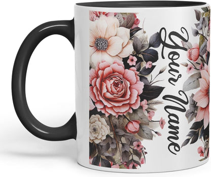 Vixar Personalised Rose Mug – Custom Your Name Coloured Ceramic Mug Cup Gift, 11oz (Black)