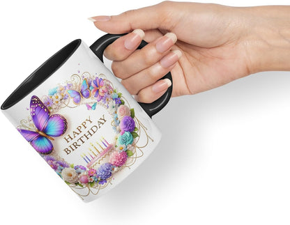 Vixar Happy Birthday Pastel Cake Florals Coloured Ceramic Mug Cup Gift 11oz V6 (Black)