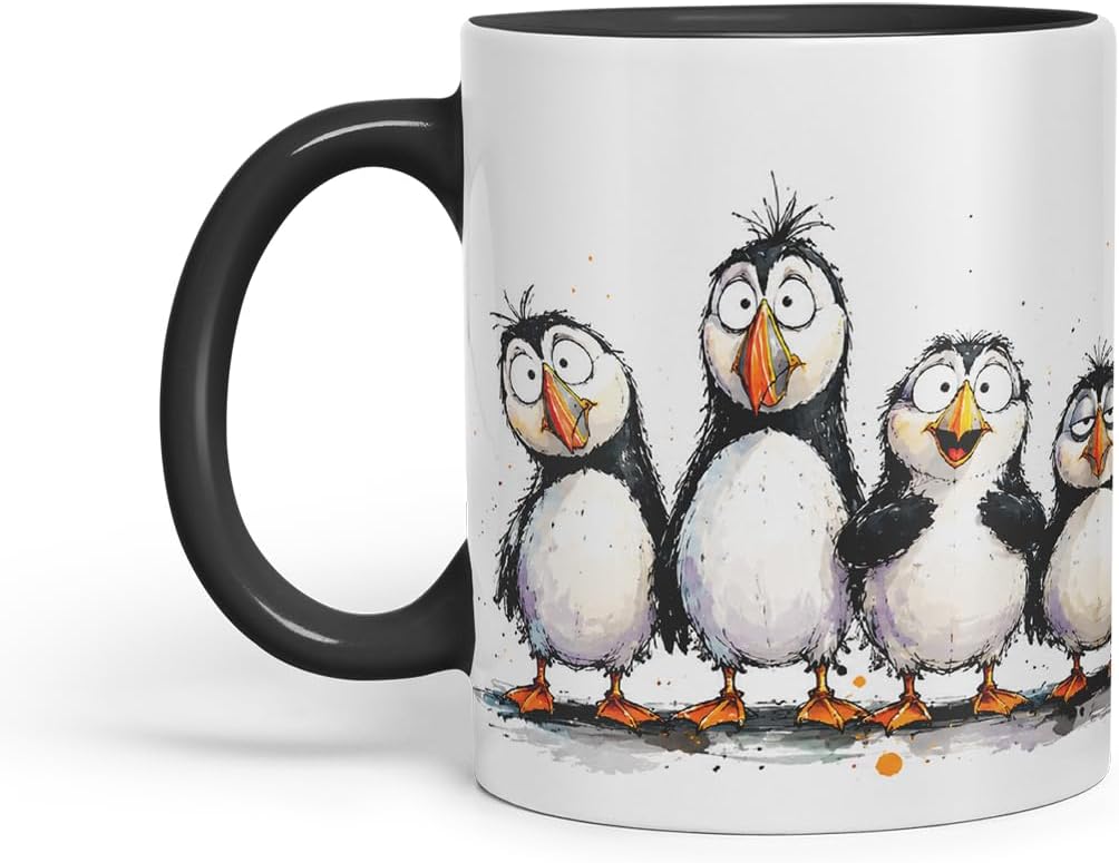Vixar Puffin Bird Mug – Cute Puffin Bird Coloured Ceramic Mug Cup Gift, 11oz (Black)