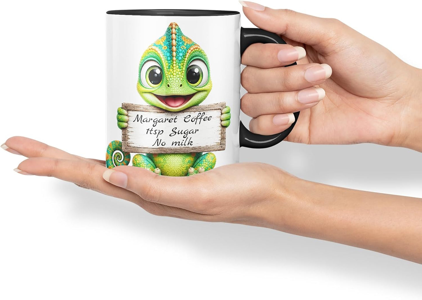 Vixar Personalised Chameleon Mug with Name or Custom Message – Cute Animal Coloured Ceramic Mug Cup Gift, 11oz (Black)