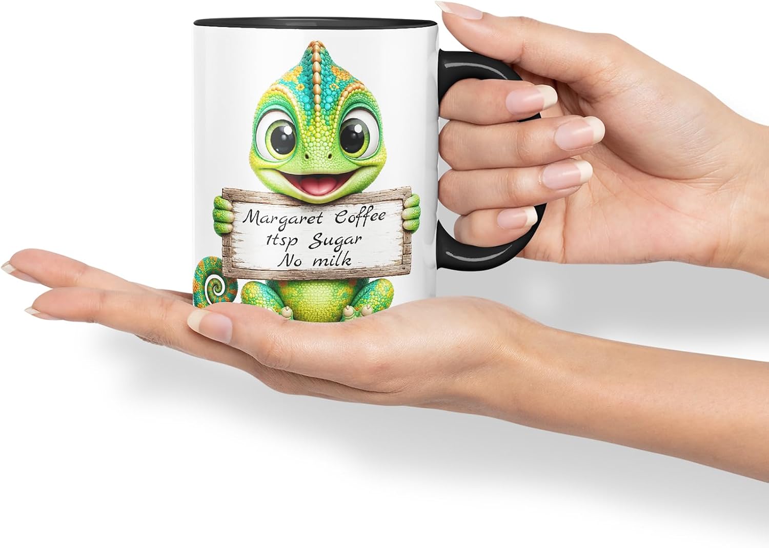 Vixar Personalised Chameleon Mug with Name or Custom Message – Cute Animal Coloured Ceramic Mug Cup Gift, 11oz (Black)