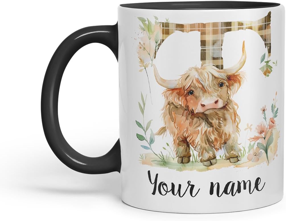 Vixar Personalised Highland Cow Initial Letter T Custom Name Mug – Coloured Ceramic Mug Cup Gift, 11oz (Black)