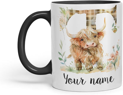 Vixar Personalised Highland Cow Initial Letter T Custom Name Mug – Coloured Ceramic Mug Cup Gift, 11oz (Black)