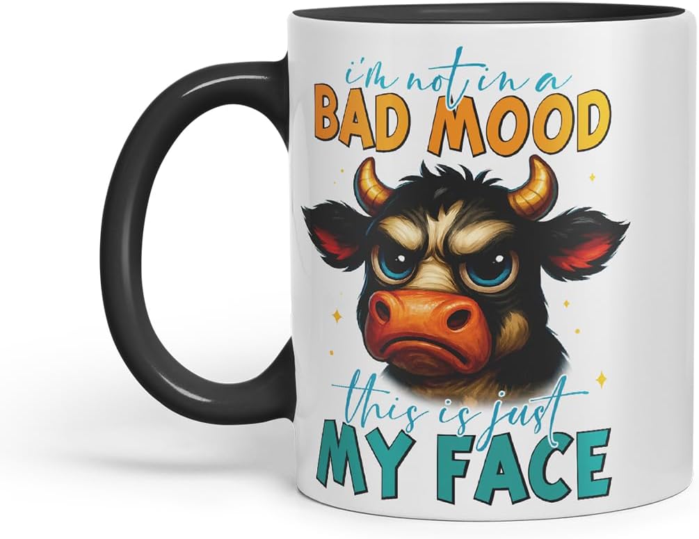 Vixar I'm Not in A Bad Mood This is Just My Face Sarcastic Cow – Coloured Ceramic Mug Cup Gift, 11oz (Black)