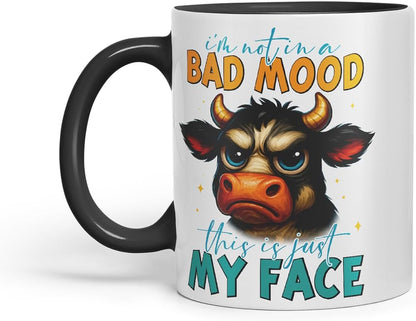 Vixar I'm Not in A Bad Mood This is Just My Face Sarcastic Cow – Coloured Ceramic Mug Cup Gift, 11oz (Black)