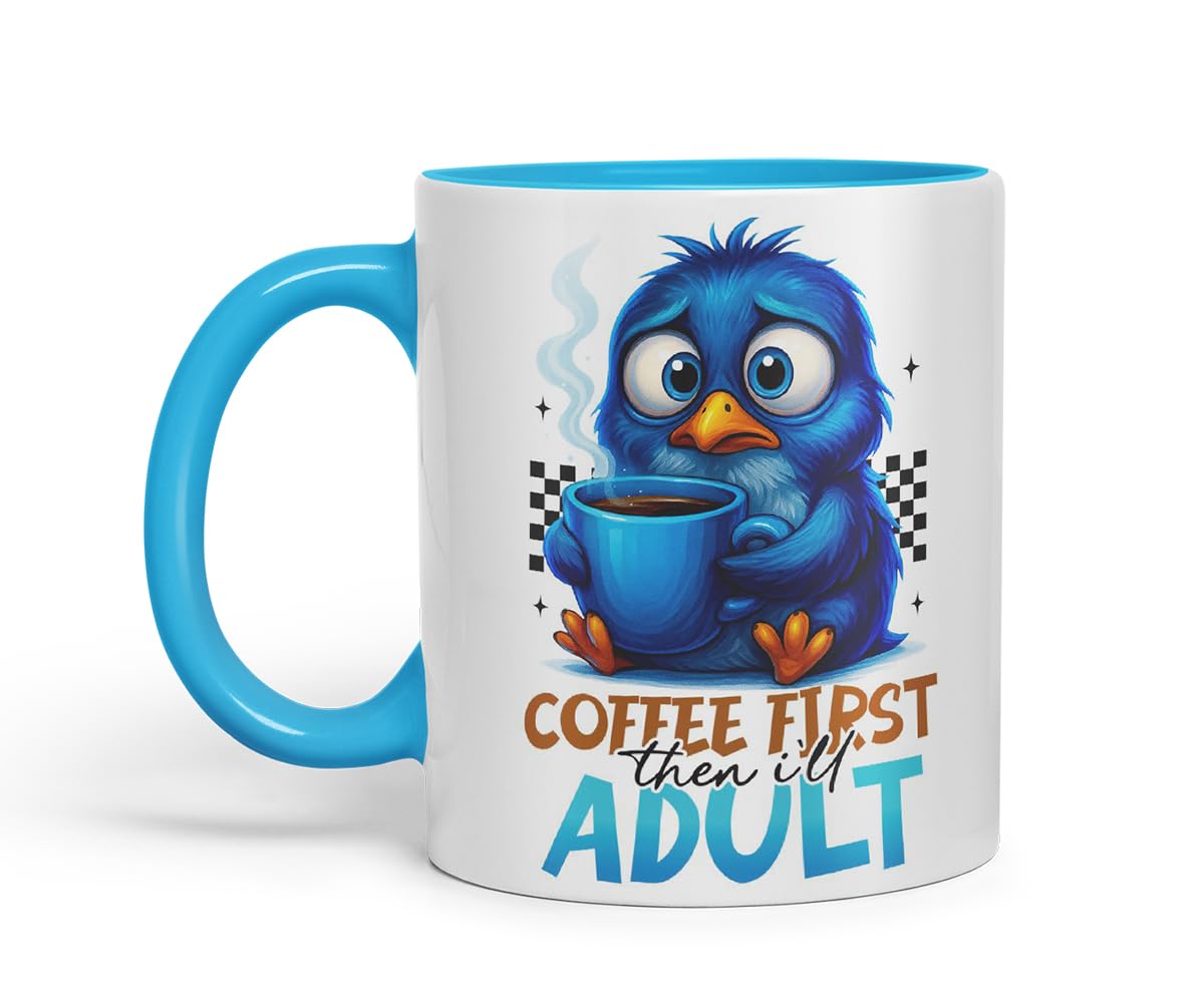 Vixar Coffee First Then I'll Adult Funny Blue Bird Mug – Coloured Ceramic Mug Cup Gift, 11oz (Black)