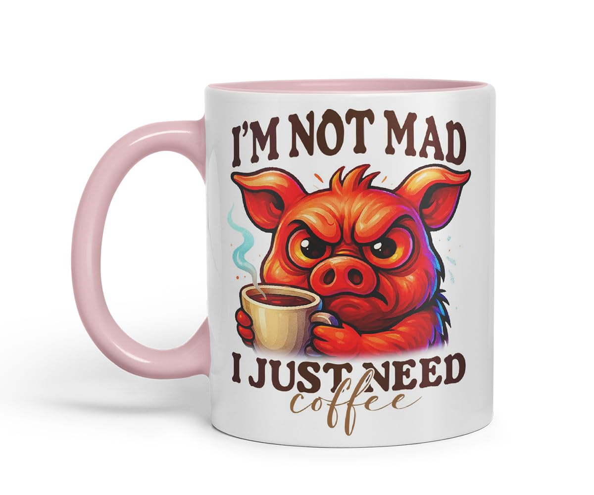 Vixar I'm Not Mad I Just Need Coffee Funny Pig Mug – Coloured Ceramic Mug Cup Gift, 11oz (Black)