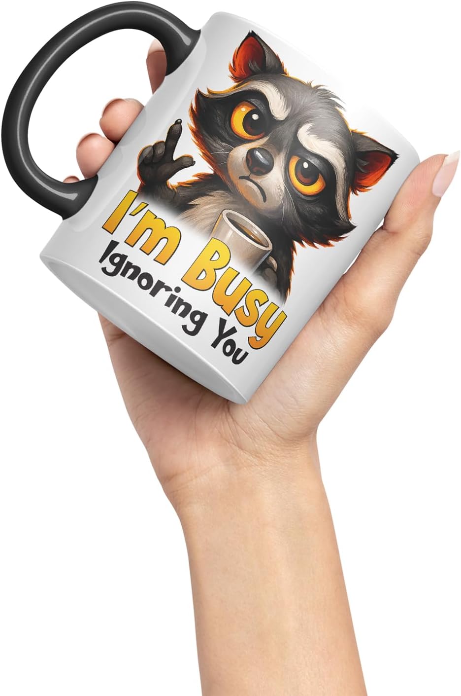 Vixar I'm Busy Ignoring You Sarcastic Raccoon – Coloured Ceramic Mug Cup Gift, 11oz (Black)