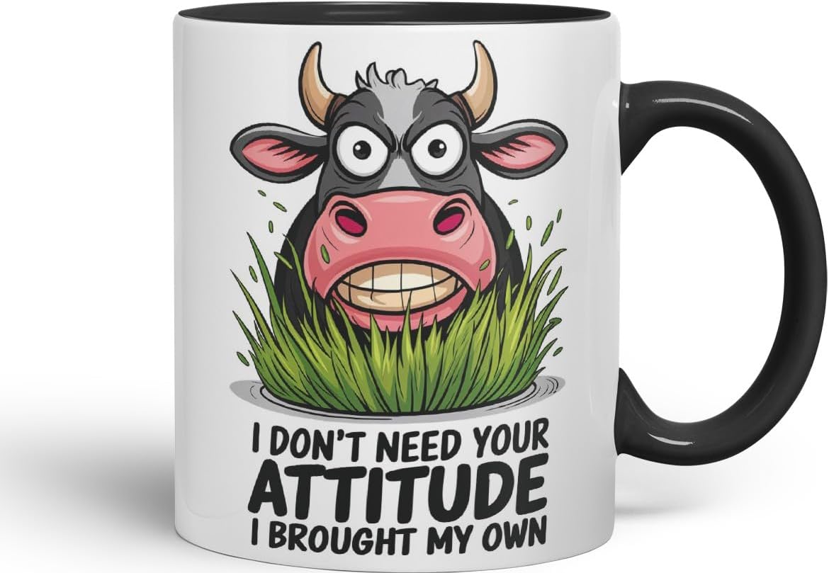Vixar I Don’t Need Your Attitude I Brought My Own Cow Joke Coloured Ceramic Mug Cup Gift, 11oz (Black)