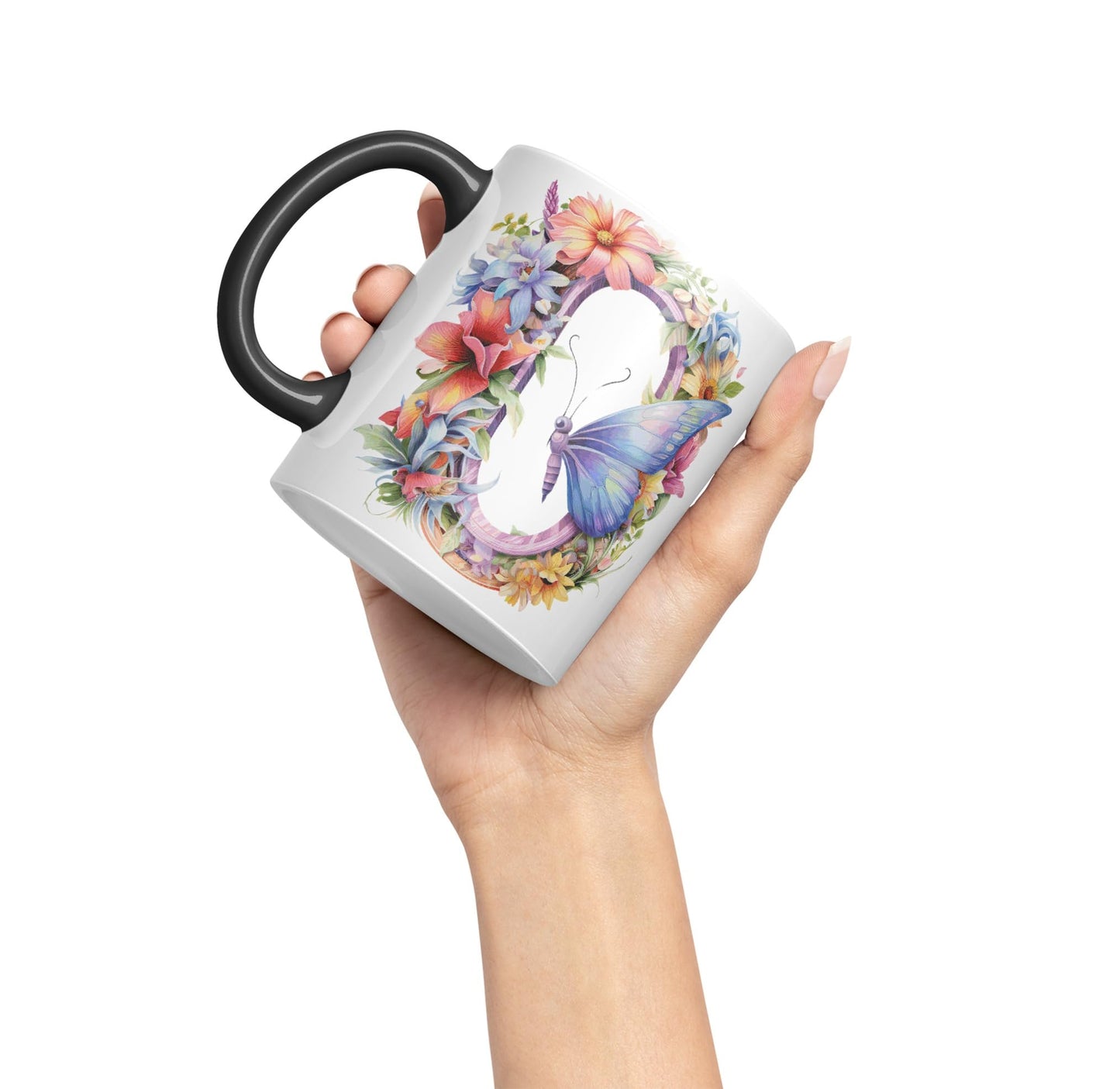 Letter O mug, Floral flowers butterfly Alphabet Letter O Monogram watercolour Ceramic Coloured Mug Cup for Tea Coffee Hot brew 330ml 11Oz Gift