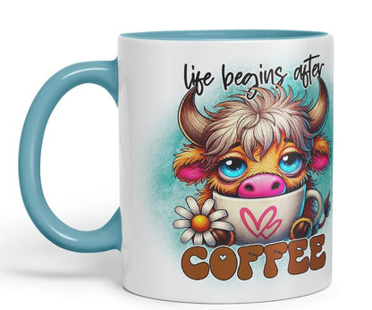 Vixar Life Begins After Coffee Highland Cow Coloured Ceramic Mug Cup Gift for Coffee Lovers 11oz (Black)