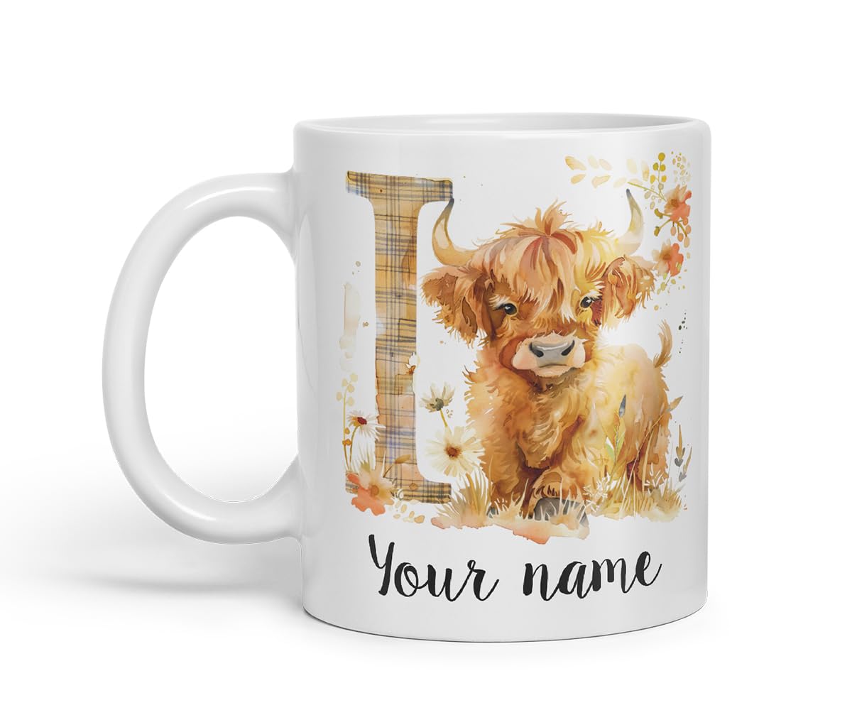 Vixar Personalised Highland Cow Initial Letter I Custom Name Mug – Coloured Ceramic Mug Cup Gift, 11oz (Black)