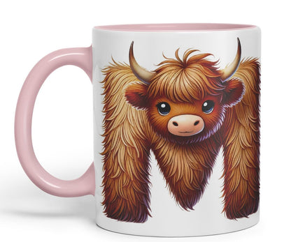 Highland Cow Alphabet Monogram Coloured Ceramic Cup Mug Letter M Rustic Farmhouse Animal Letter Gift V2 11oz (Black)